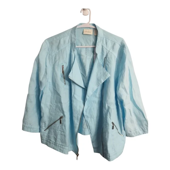 Chicos 100% Linen Moto Zip Front Moto Preppy Office Business Casual Jacket L - Picture 1 of 6
